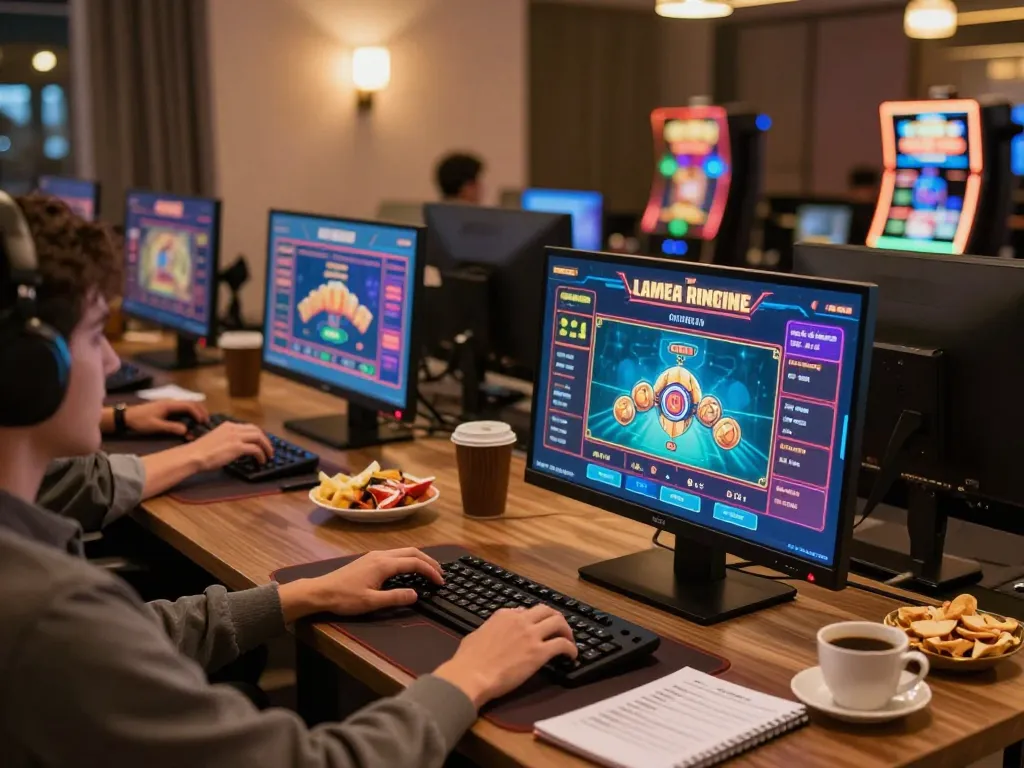 Engaging in online gaming at MM88 with multiple screens showcasing live dealer games and vibrant slots.