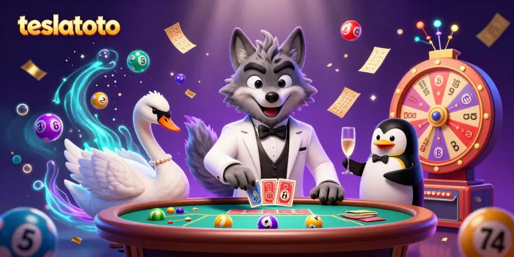Experience exciting wins at teslatoto with a lively casino scene featuring vibrant lottery elements and festive characters.