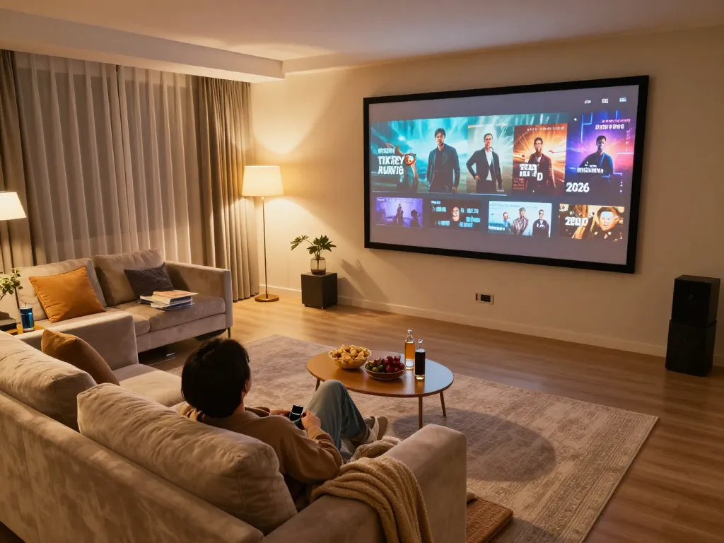Enjoying ดูหนังออนไลน์ in a cozy home cinema setup with snacks and warm lighting