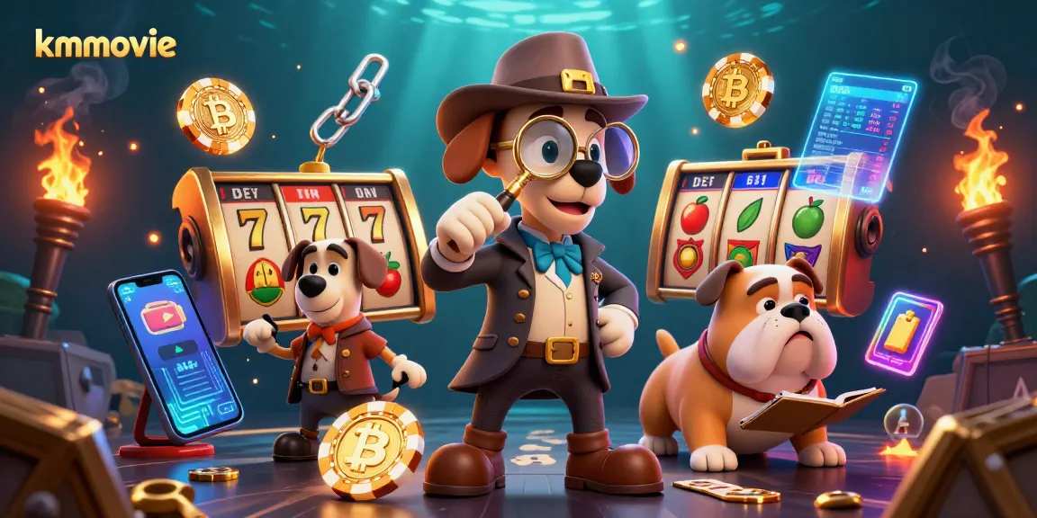 Engage with kmovie's vibrant casino scene featuring slot reels and glowing crypto coins.