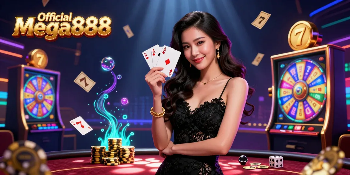 Experience the thrill of winning with Official Mega888 at a luxury casino with vibrant slot reels.