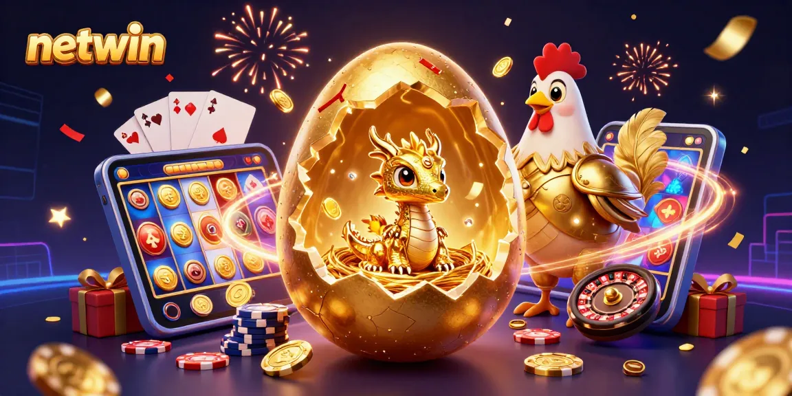 Experience the magic of netwin with a golden dragon and vibrant casino elements in this vibrant 3D illustration.
