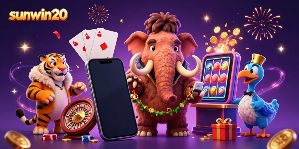 Experience excitement at sunwin20 with a woolly mammoth casino bouncer, vibrant gaming elements, and celebratory atmosphere