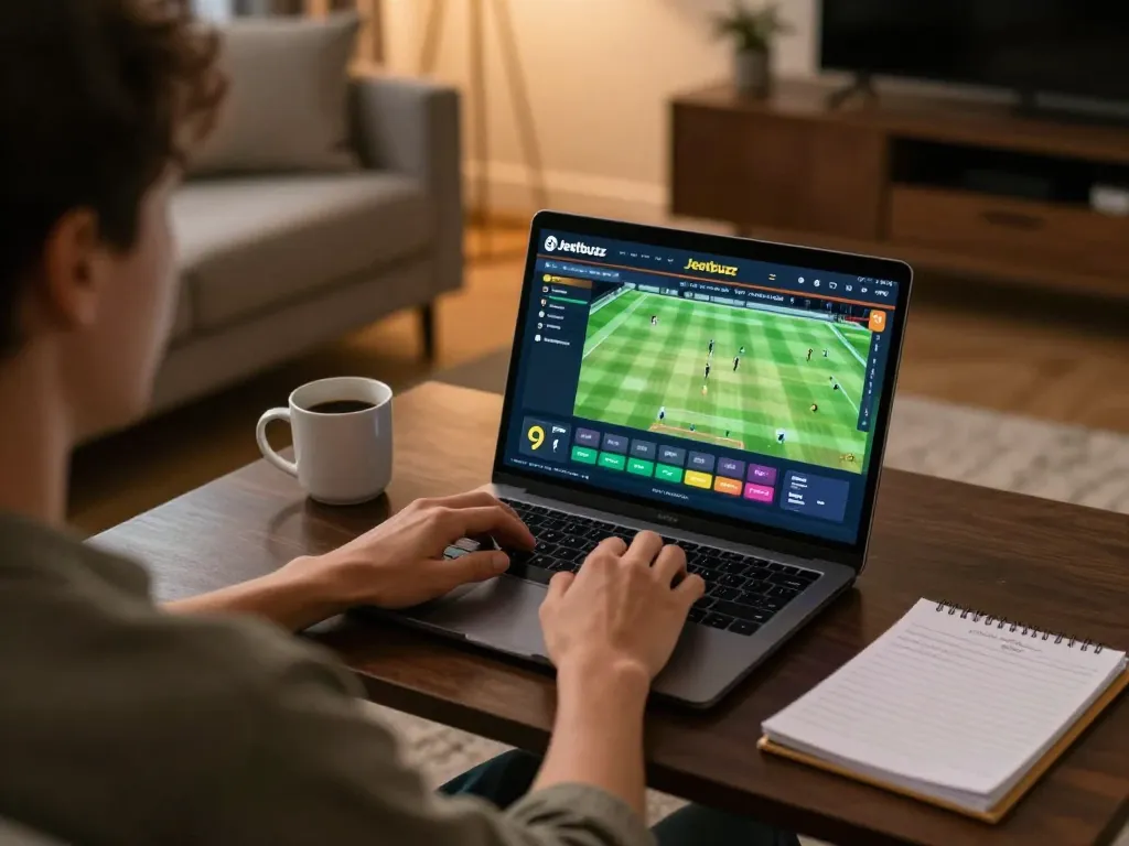 Engaging in online betting on Jeetbuzz while watching a live cricket match from home, showcasing responsible gaming.