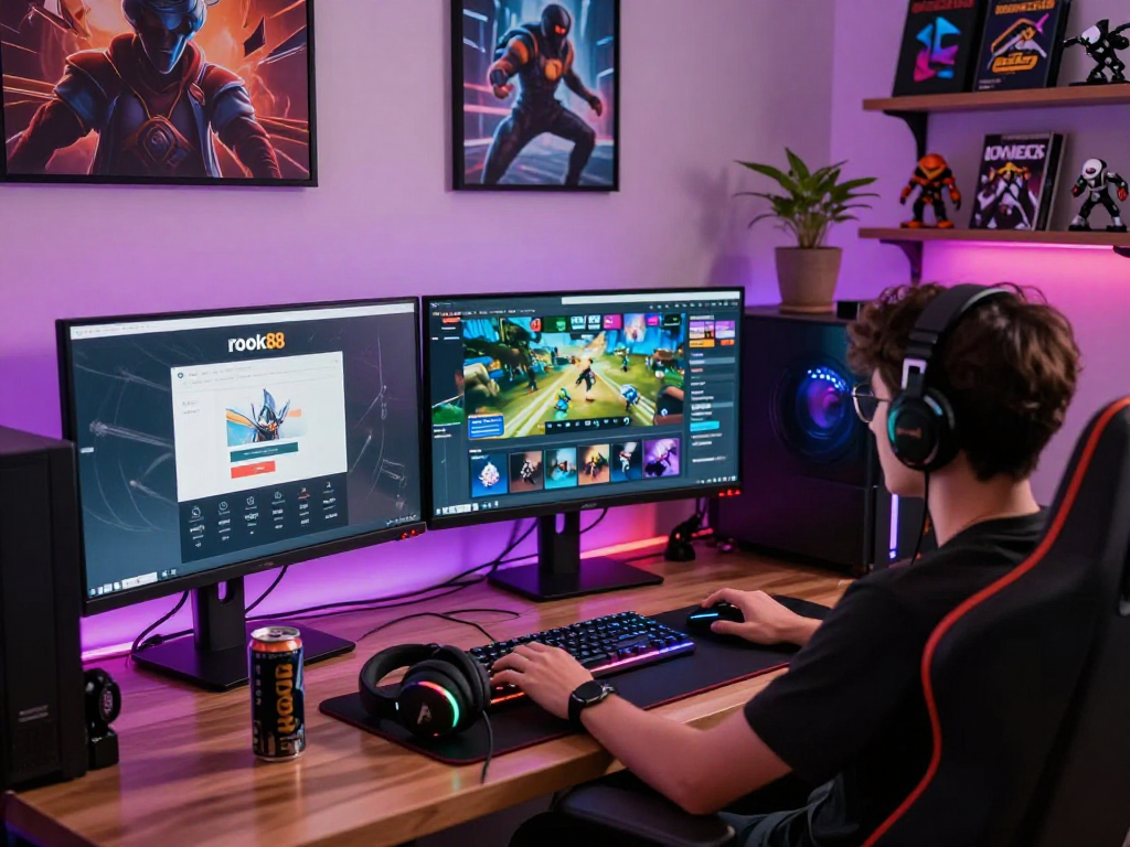 Player engaged at rokok88 login screen with vibrant gaming setup.