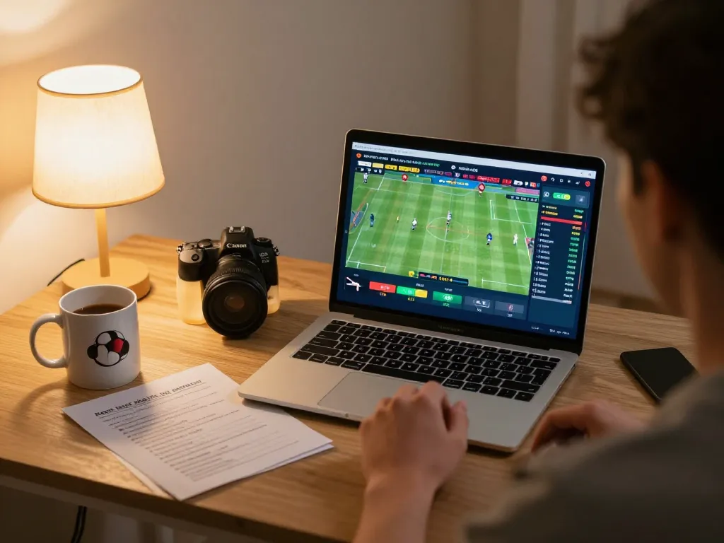 Placing bets on kp88 from a stylish home workspace, engaged in online sports gambling.