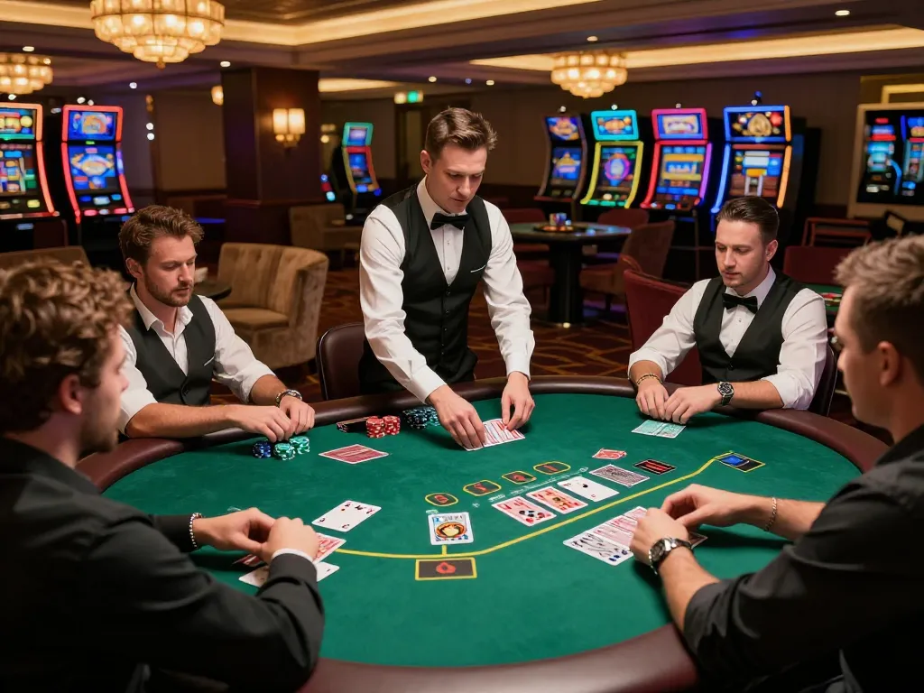 Experience the excitement of TG88 blackjack with players strategizing their bets while the dealer deals cards.