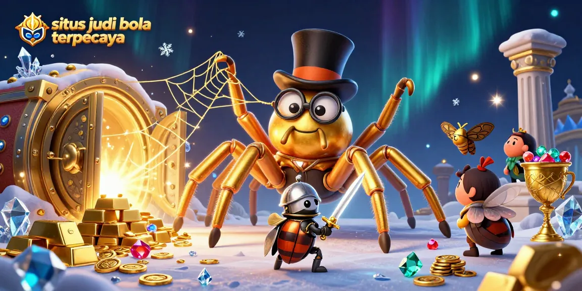 Visualize situs judi bola terpercaya with a 3D golden tarantula and beetle knight in a vibrant casino scene.