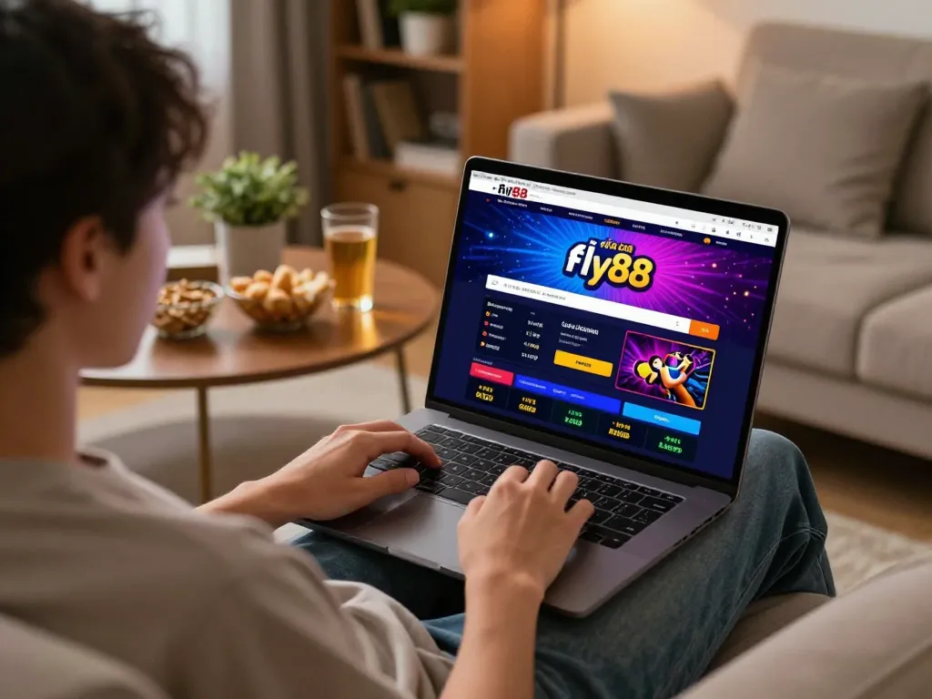 Engaging scene of a user exploring the nhà cái fly88 platform while lounging at home