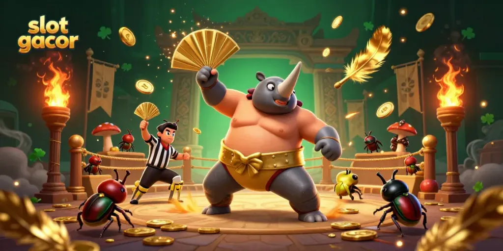 Slot gacor: Juara sumo kumbang dan pengadil meriahkan arena dengan koin emas bertebaran.