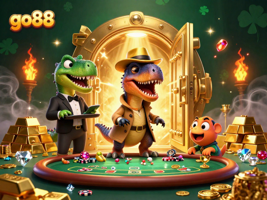 Experience the thrill at go88 with a 3D velociraptor card counter, treasure, and gems.