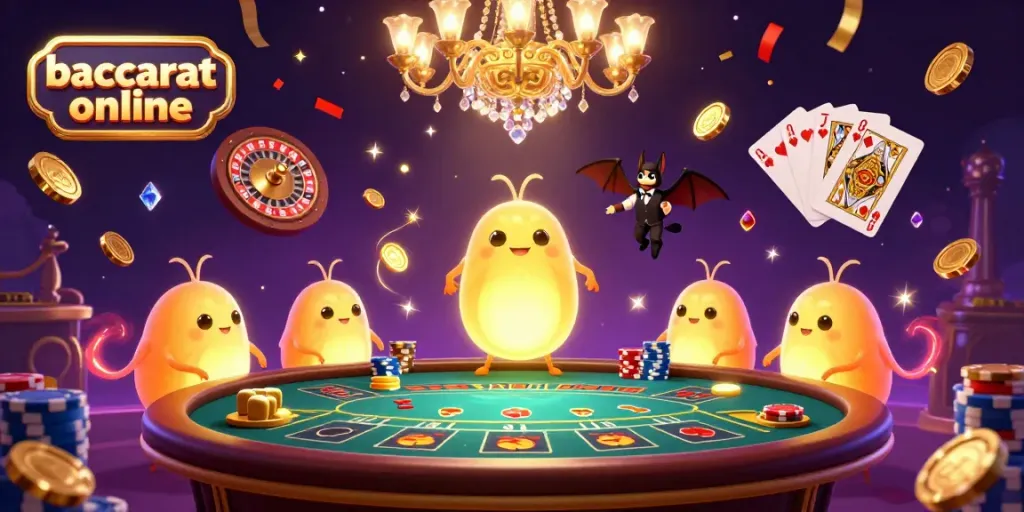 Experience thrilling baccarat online gameplay in a lively casino scene with glowing characters and vibrant visuals.