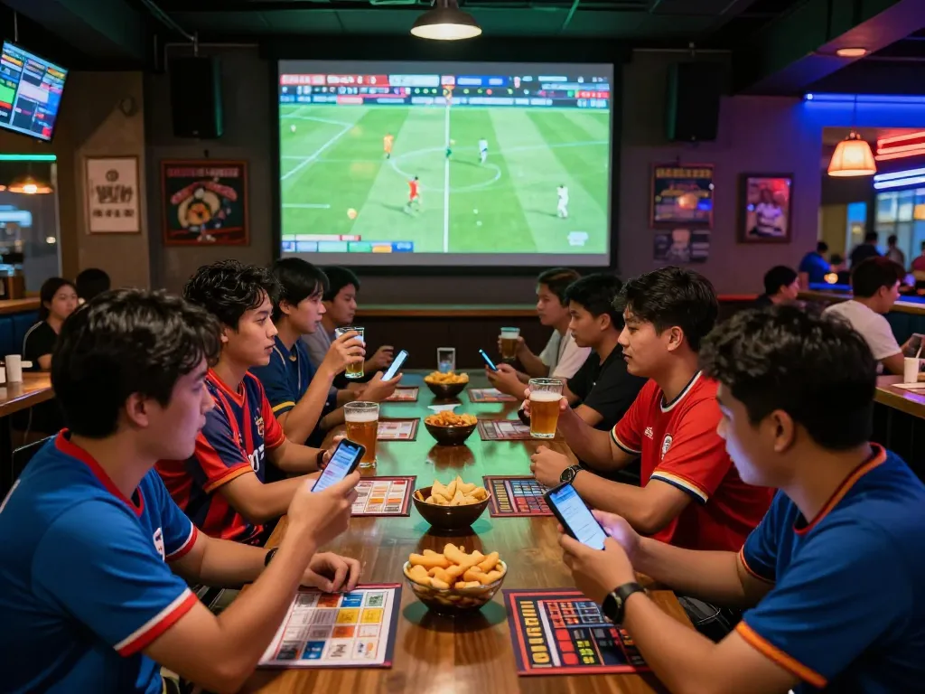 Fans engaged in kèo nhà cái betting during a live football match at a sports bar, creating an electrifying atmosphere.