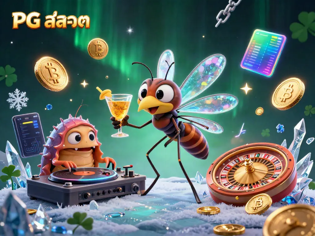 Experience PG สล็อต action with a lively frozen mosquito mascot and casino elements in a vibrant scene.