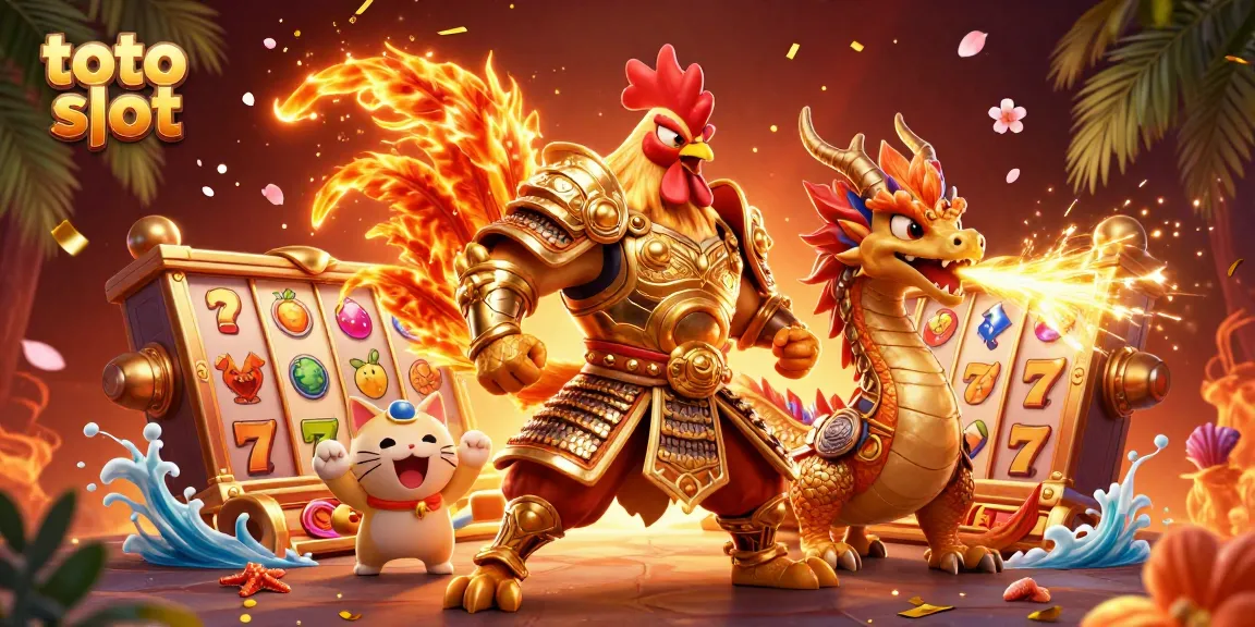 Play exciting toto slot games with vibrant characters and dynamic elements in an action-packed casino scene.