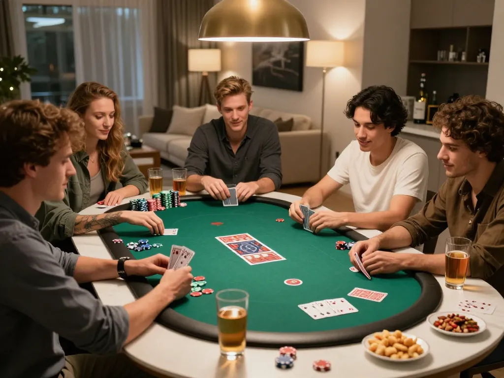 Friends enjoying an exciting poker game night at home, showcasing the thrill of social gambling with 789win2.