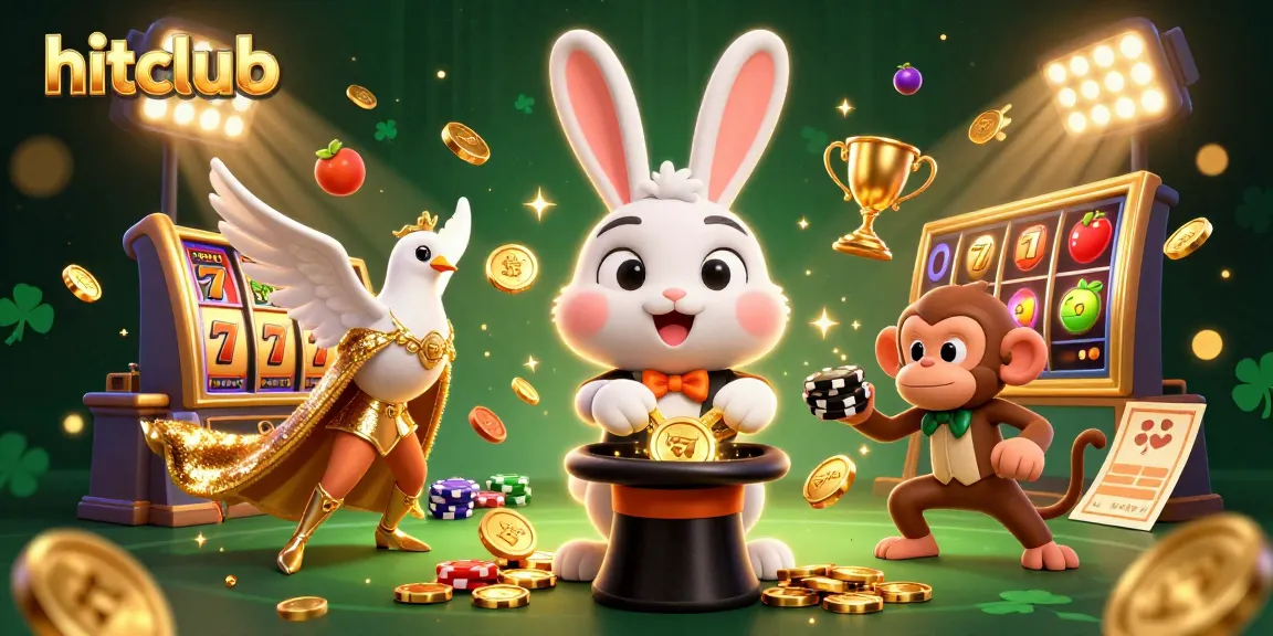 Hitclub's magician rabbit conjures gold coins while characters engage in vibrant casino excitement.