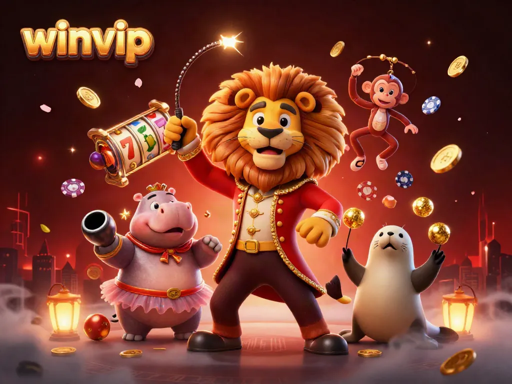 Experience excitement with winvip featuring animated casino characters amidst swirling slot reels and golden coins.
