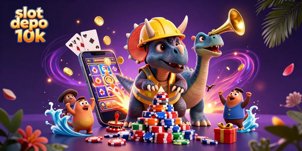Experience the thrill of slot depo 10k with dynamic celebrating dinosaurs and vibrant game elements.