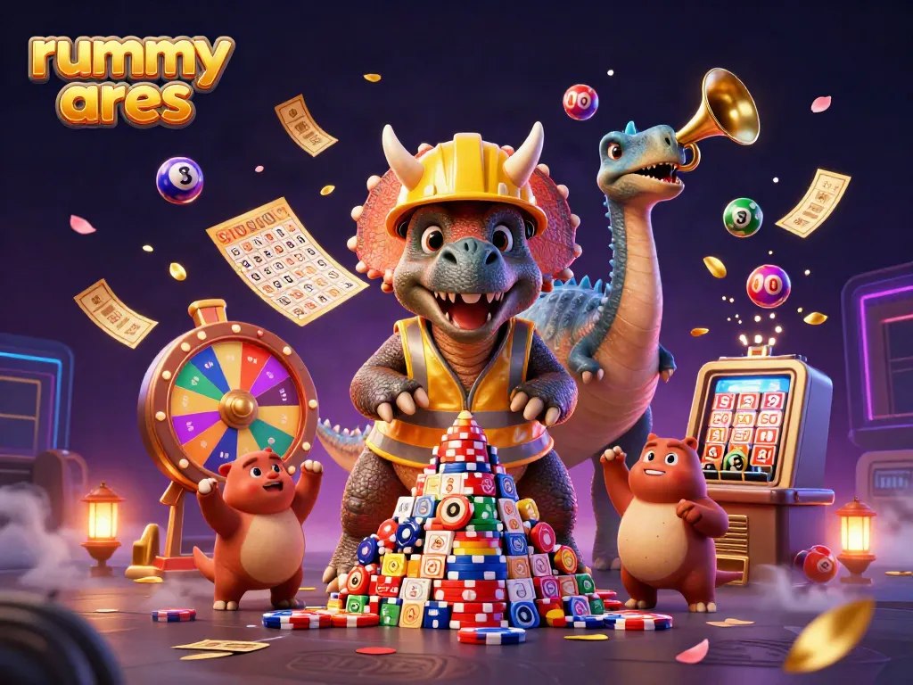 Engage in thrilling rummy ares gameplay with animated characters celebrating a poker chips pyramid.