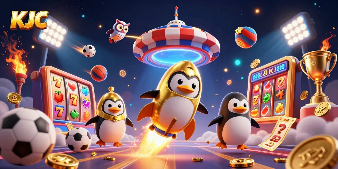 KJC showcases a thrilling 3D scene with a golden penguin and casino elements, highlighting dynamic gameplay.