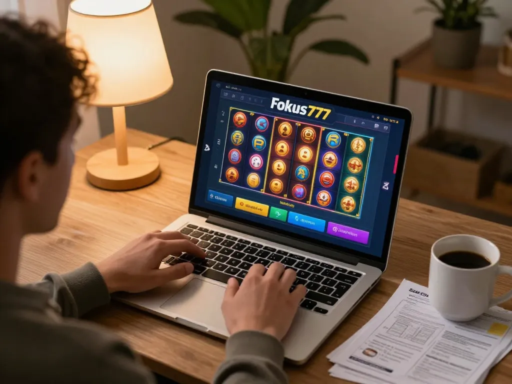 Experience immersive gaming with Fokus777 in a cozy home setting, engaging with vibrant online slots.