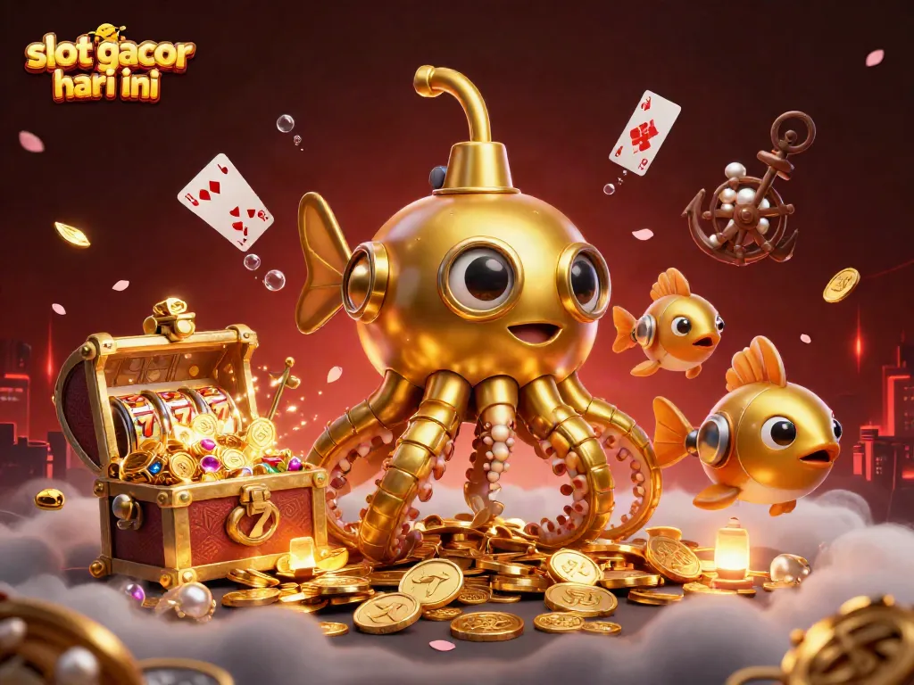 Menangkan slot gacor hari ini dengan ilustrasi 3D yang menampilkan kraken emas dan mesin slot.
