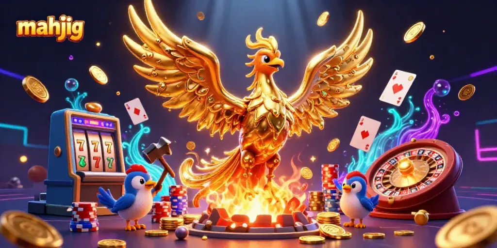 Permainan mahjong menarik dengan simbol dramatis, koin emas, dan efek kasino yang menyolok.