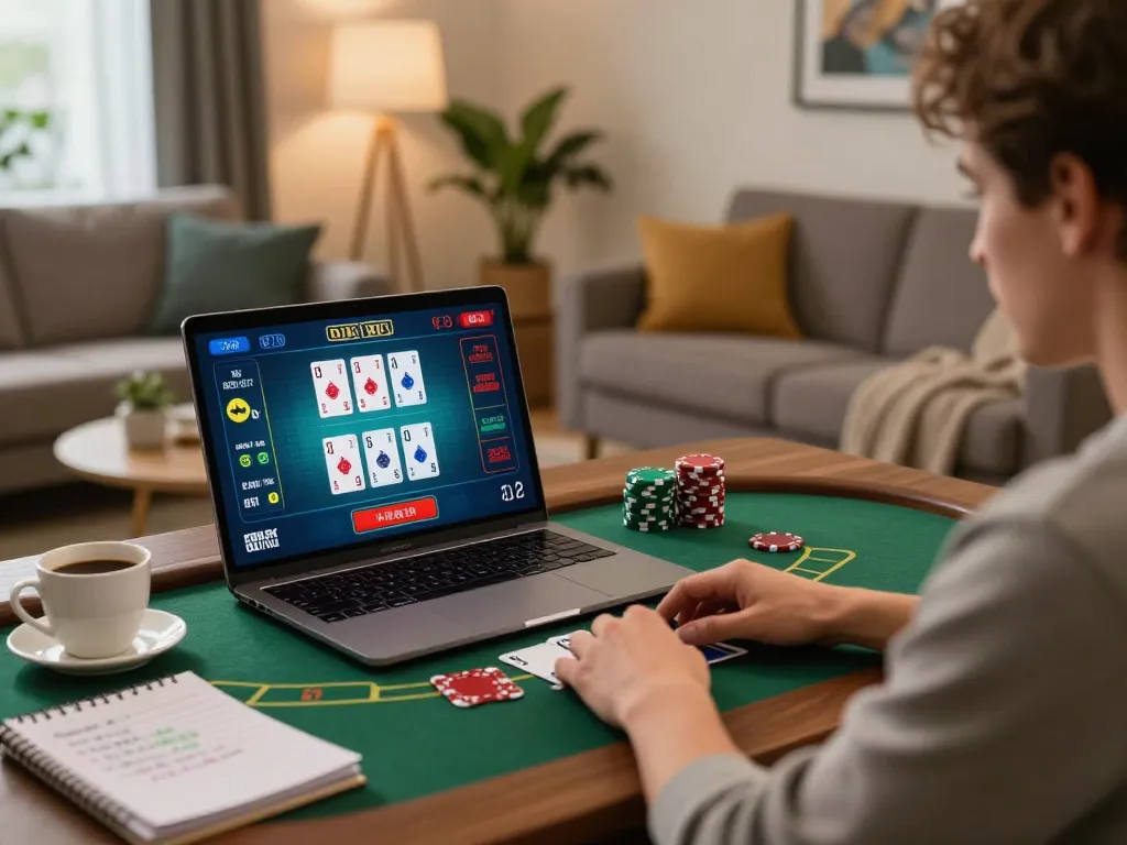 Player enjoying an immersive online Sunwin blackjack experience from home, highlighting cozy ambiance and strategic gameplay.