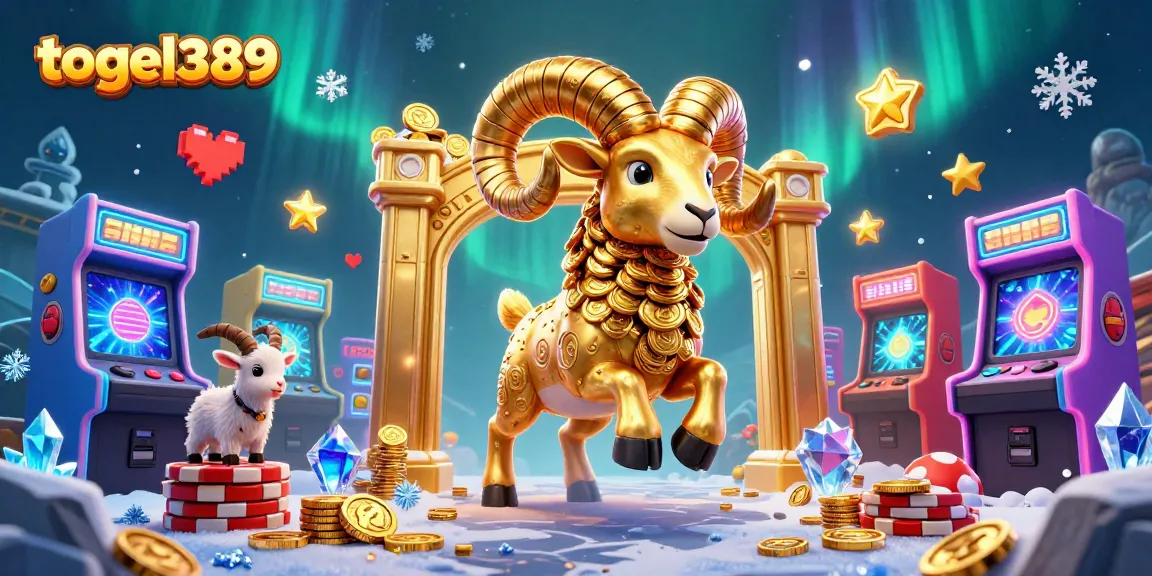 Experience the excitement of togel389 with a vibrant scene of a golden ram charging at a gate amidst arcade game elements.