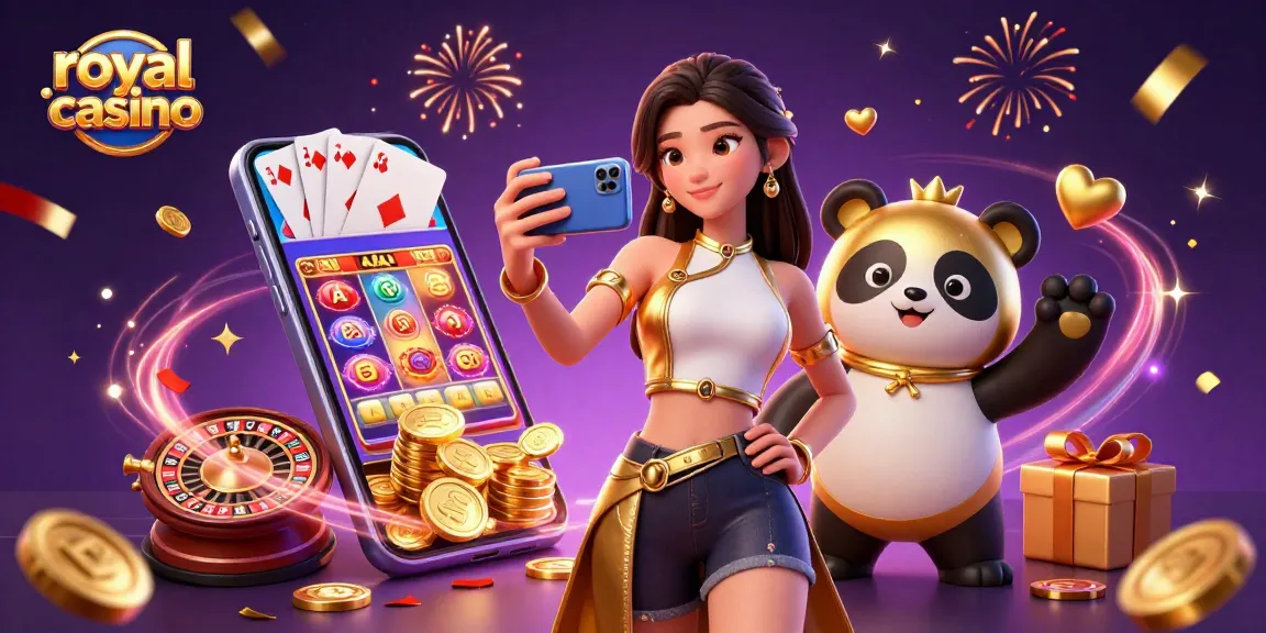 Engaging portrayal of royal casino excitement with characters playing glamorous mobile games and celebrating.