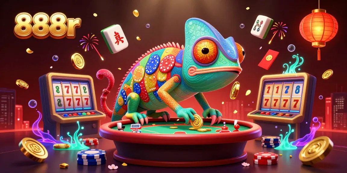Experience the thrilling atmosphere of 888r with vibrant casino elements and a dynamic chameleon character.
