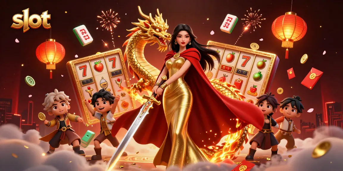 Engage in thrilling slot experiences with vibrant visuals and a majestic warrior queen guide.