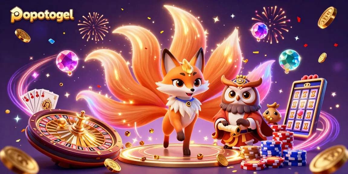 Play popotogel with exciting characters and vibrant casino elements in a colorful 3D scene.