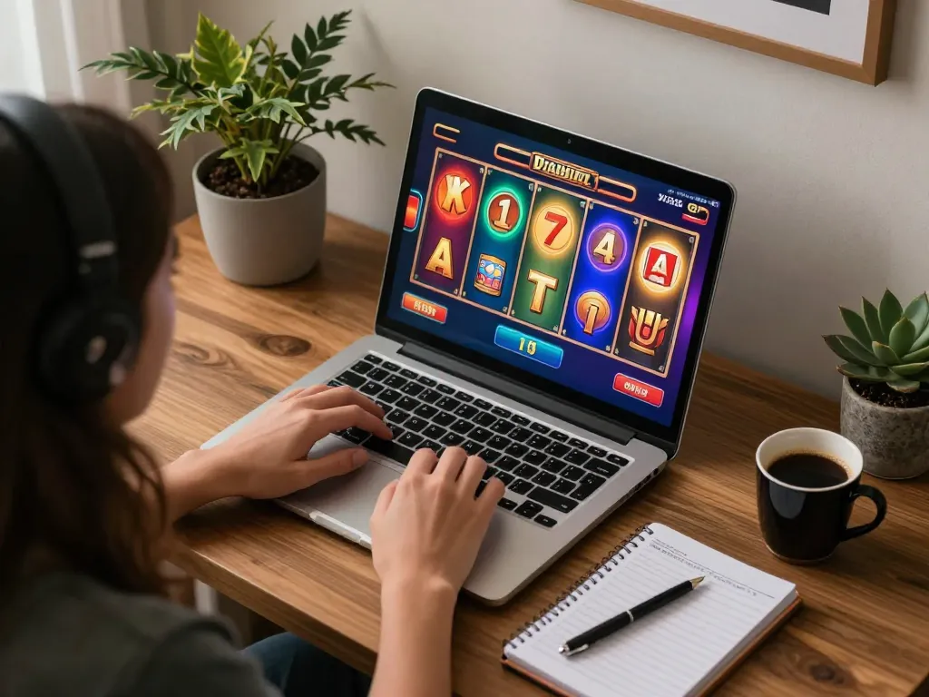 Situs slot player engaging with colorful online slot machines while managing bankroll effectively.