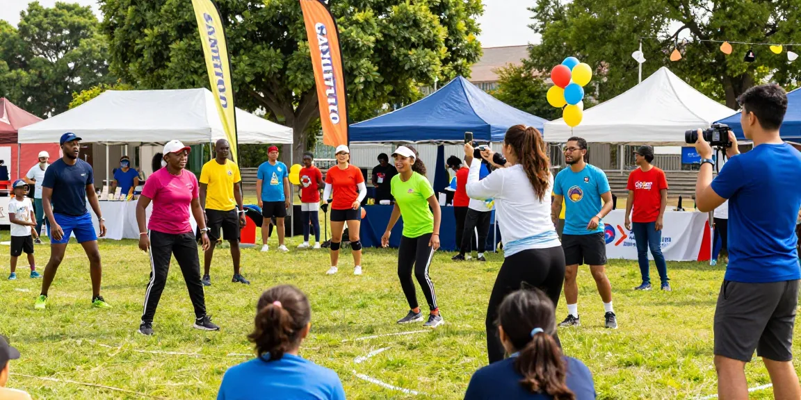 Community event showcasing SANTETTOTO with athletes and cheering spectators in a vibrant outdoor setting.