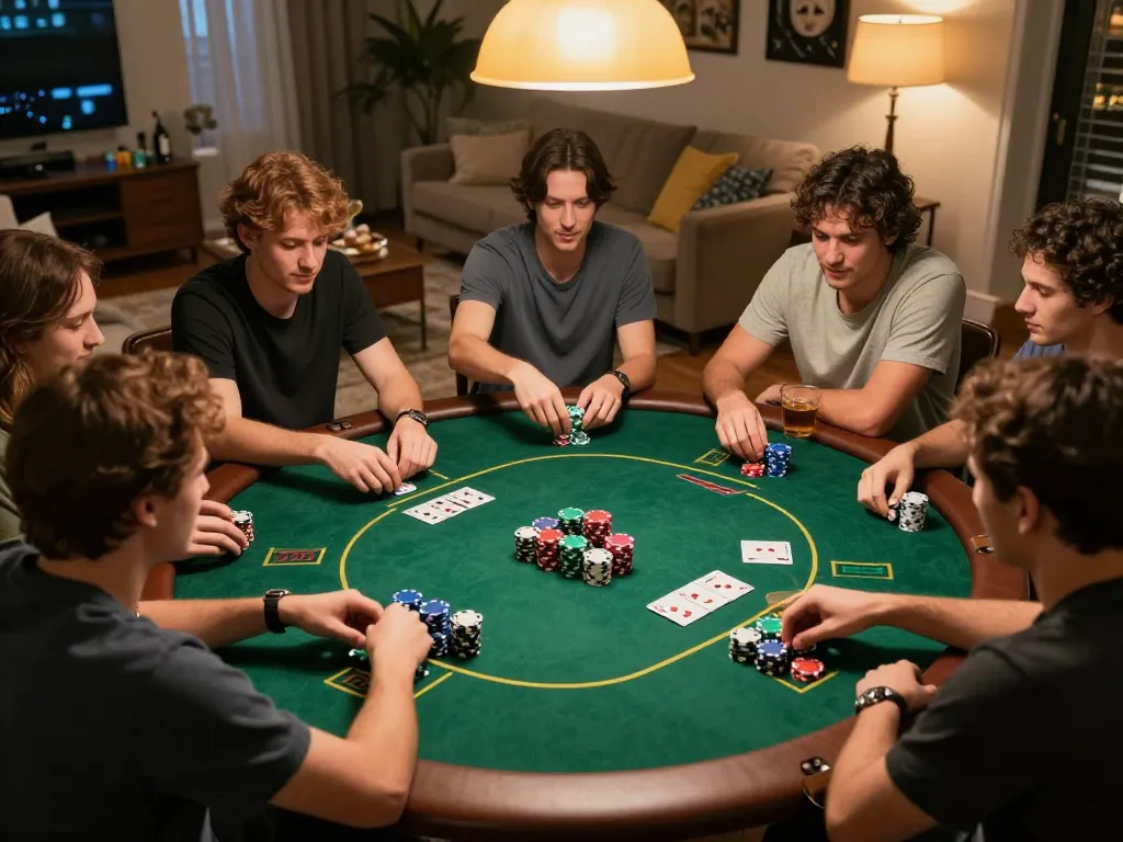 Friends enjoying a lively poker game at home, showcasing the spirit of gaming and community through god55vn
