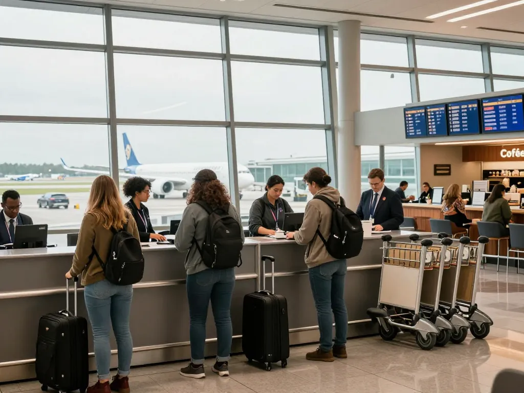 Travelers checking in for flights to 789P destinations at a lively airport departure lounge.