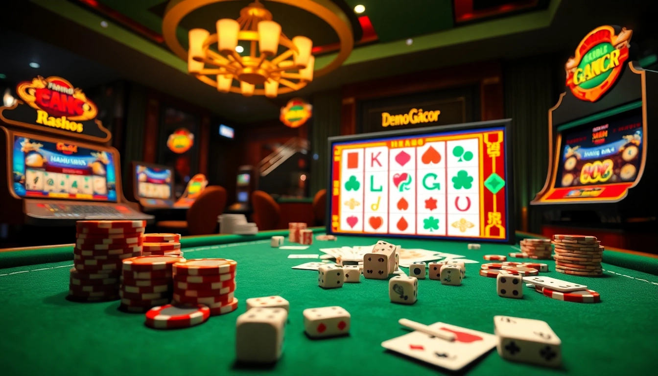 Play demo gacor on a vibrant online Mahjong Ways slot machine with exciting graphics and casino elements.