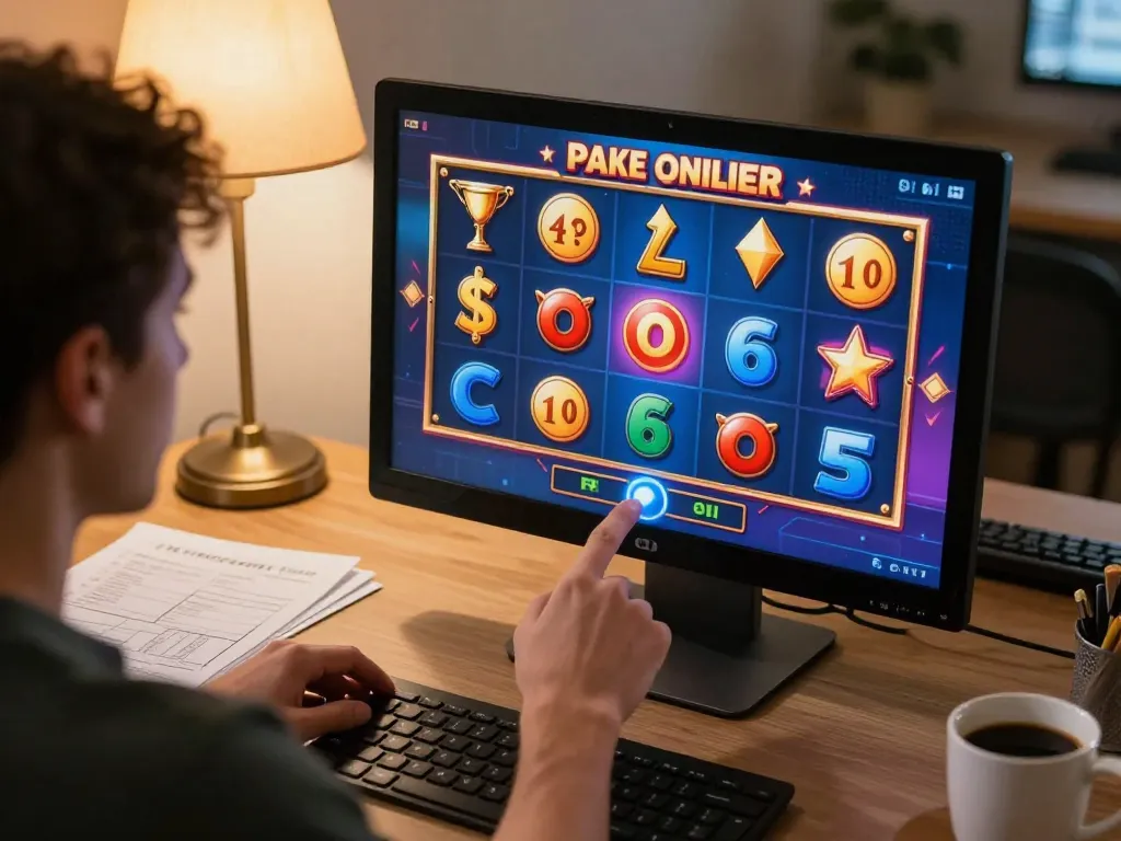 Player engaged in an online slot game, ready to spin and win from home.