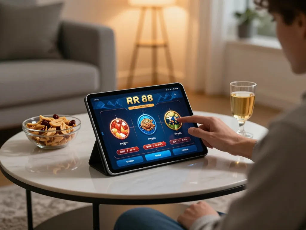 Player enjoying RR 88 online gaming experience at home, tablet interface highlighted
