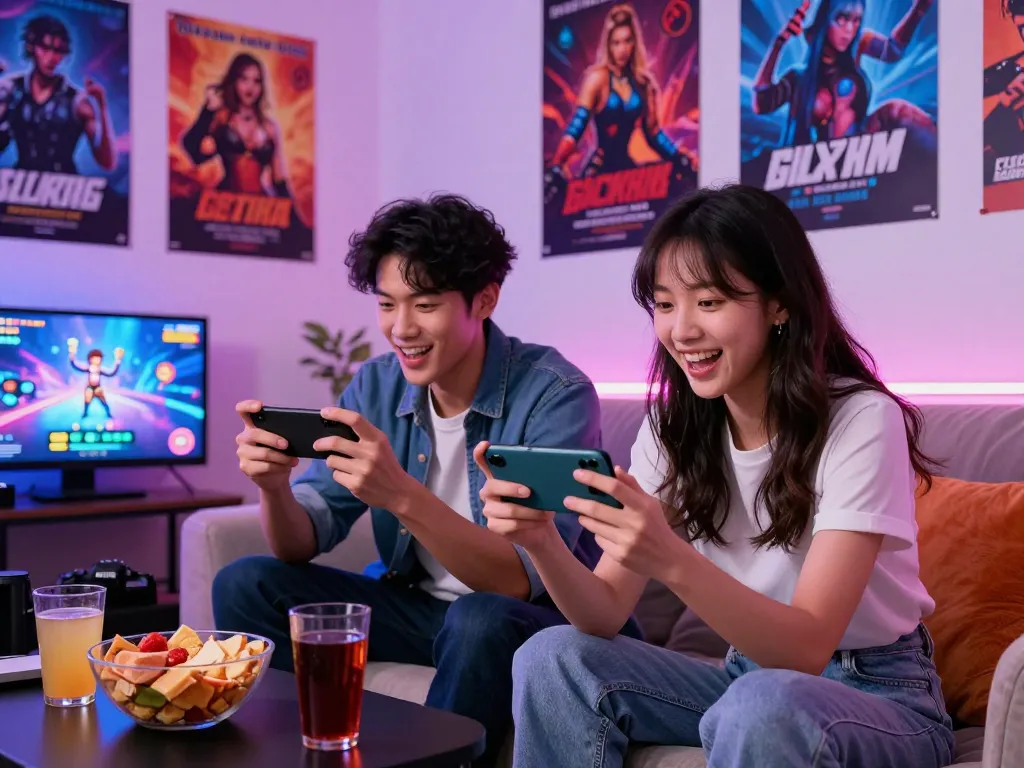 Engaged players enjoying mobile porn games in a vibrant gaming space, reflecting excitement and social interaction.
