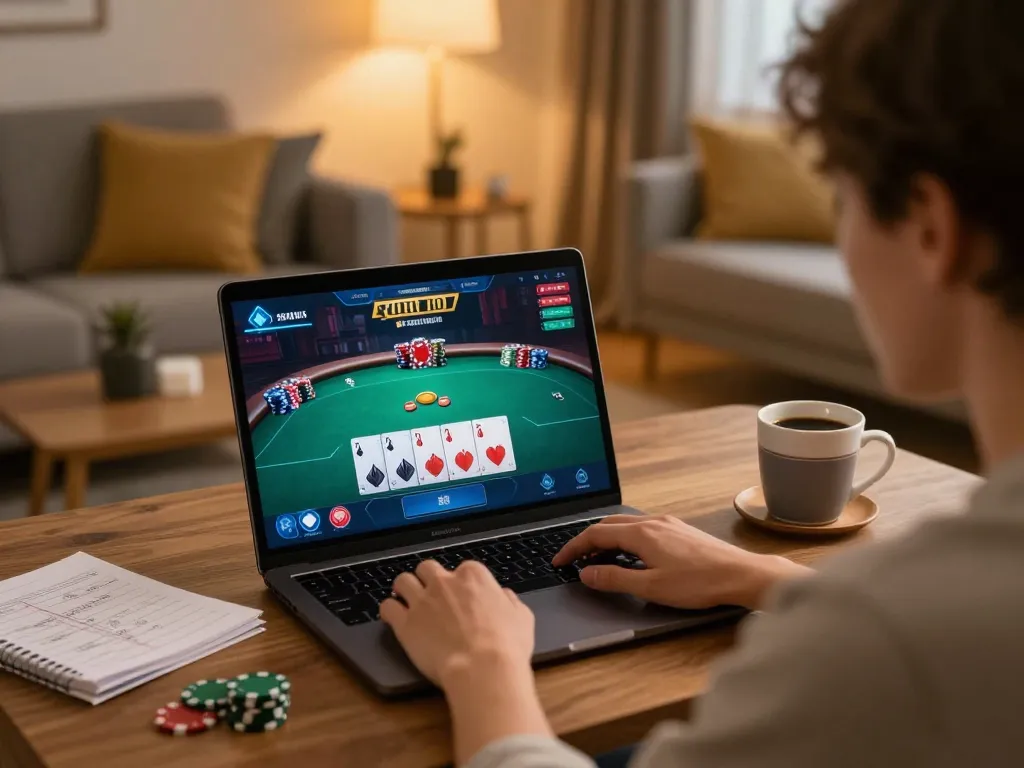 Engaging online poker gameplay on g28 interface in a cozy home setting with strategy notes.