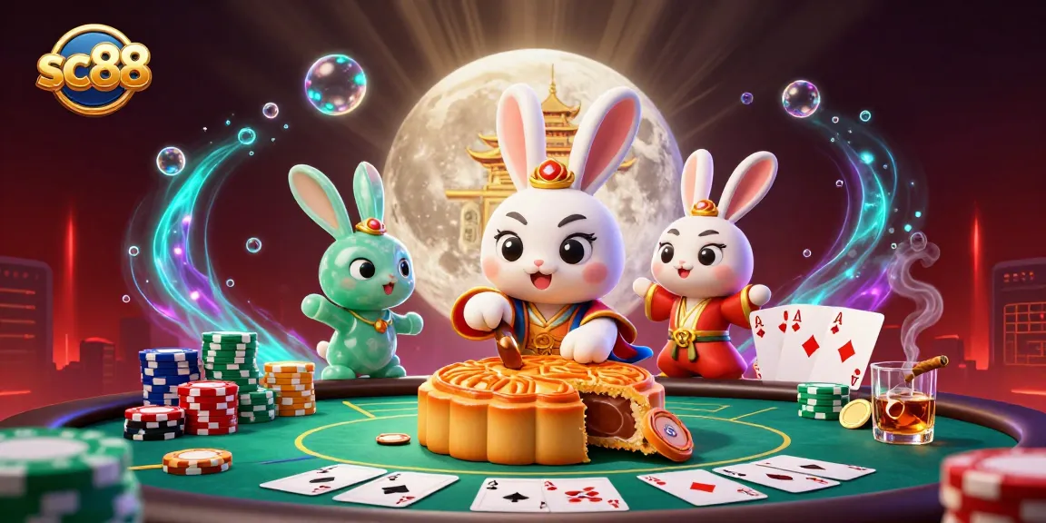 Experience sc88 where playful moon rabbits reveal treasures of poker chips in a vibrant casino scene