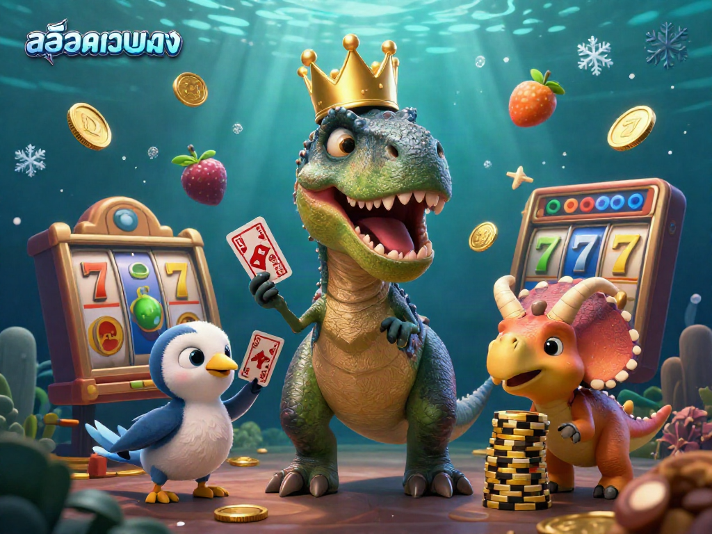 Engage with สล็อตเว็บตรง through a vibrant 3D illustration of a T-Rex shuffling cards and a triceratops stacking chips.