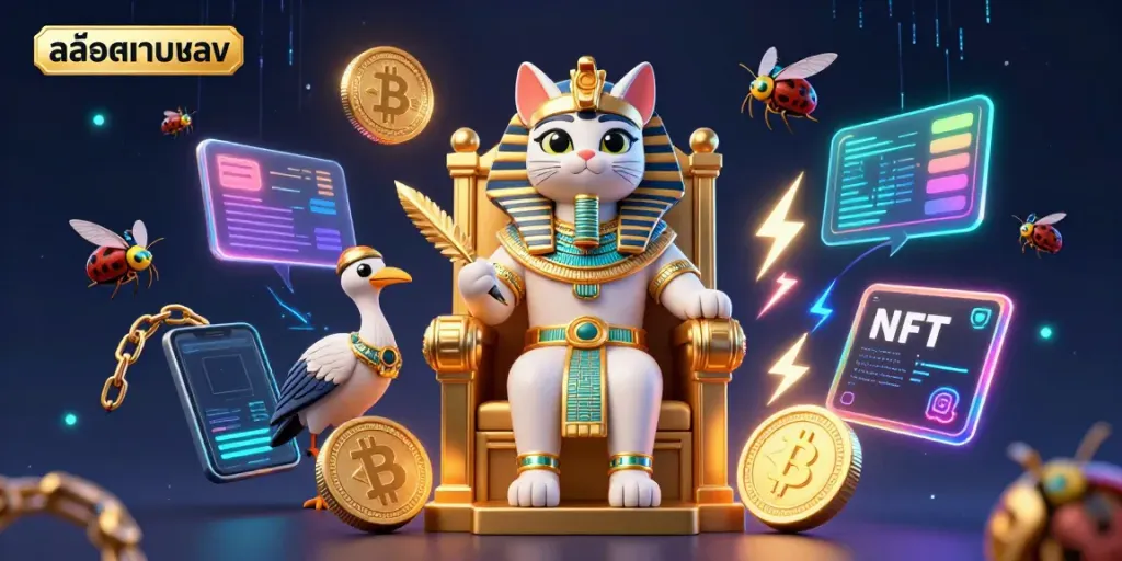 Engage with สล็อตเว็บตรง through a vibrant 3D casino illustration featuring a pharaoh cat and crypto elements.