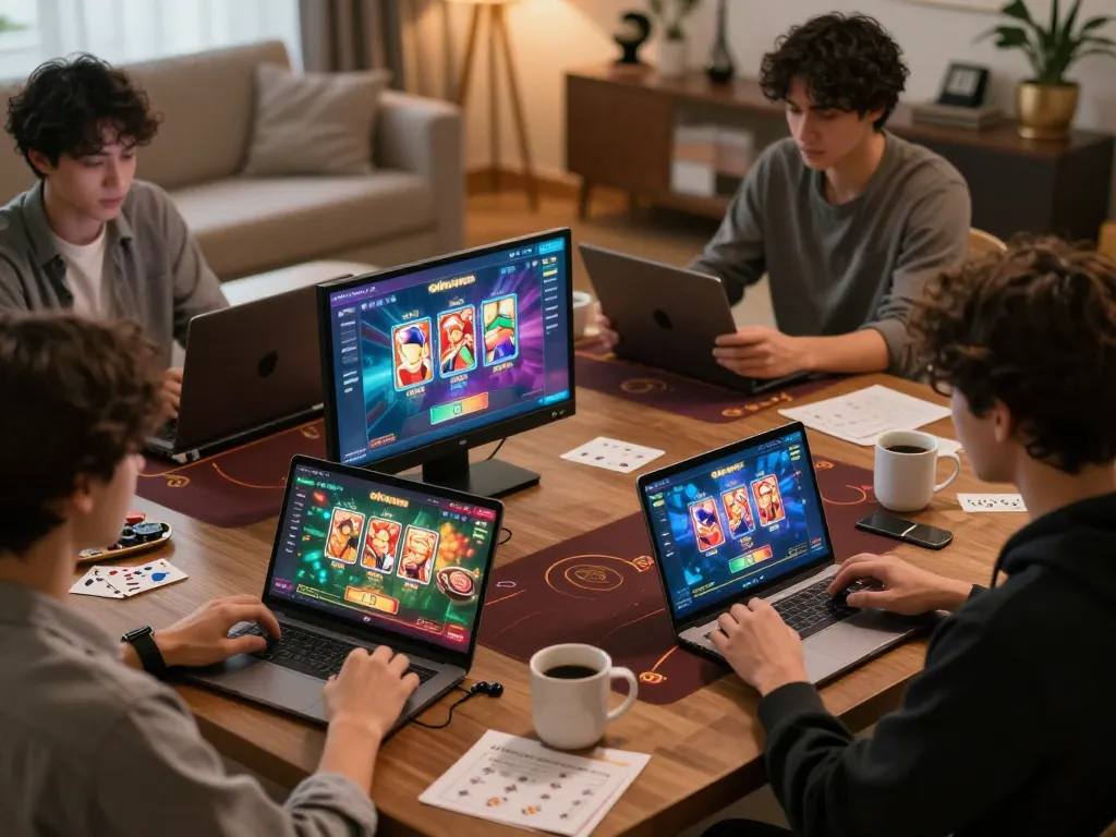 Players enjoying online gambling on the okwin app in a cozy home setting with strategic gameplay notes.