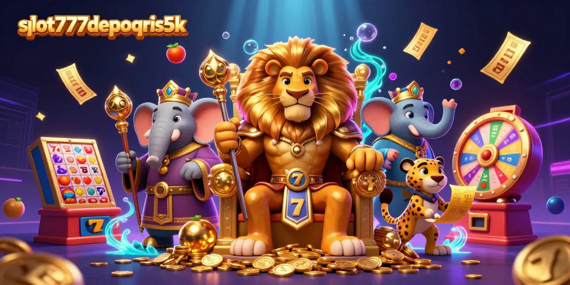Engage with slot777depoqris5k through exciting jackpot visuals featuring a lion king and dynamic gaming elements.