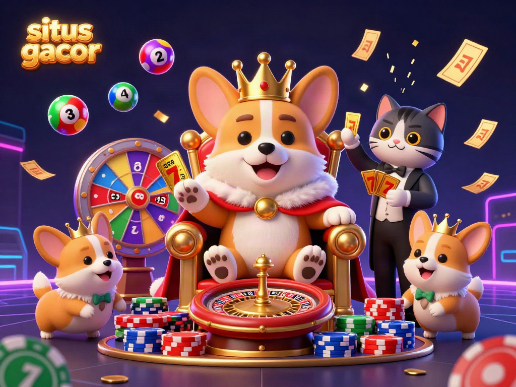 Experience the enchanting world of situs gacor as vibrant lottery elements and a royal corgi reign over a bustling casino scene.