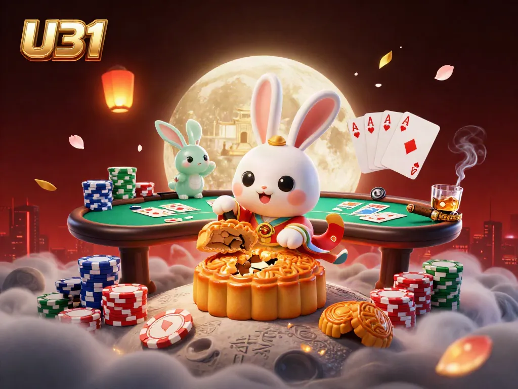 Play poker with U31's lively illustration featuring a moon rabbit, chips, and vibrant casino motifs.